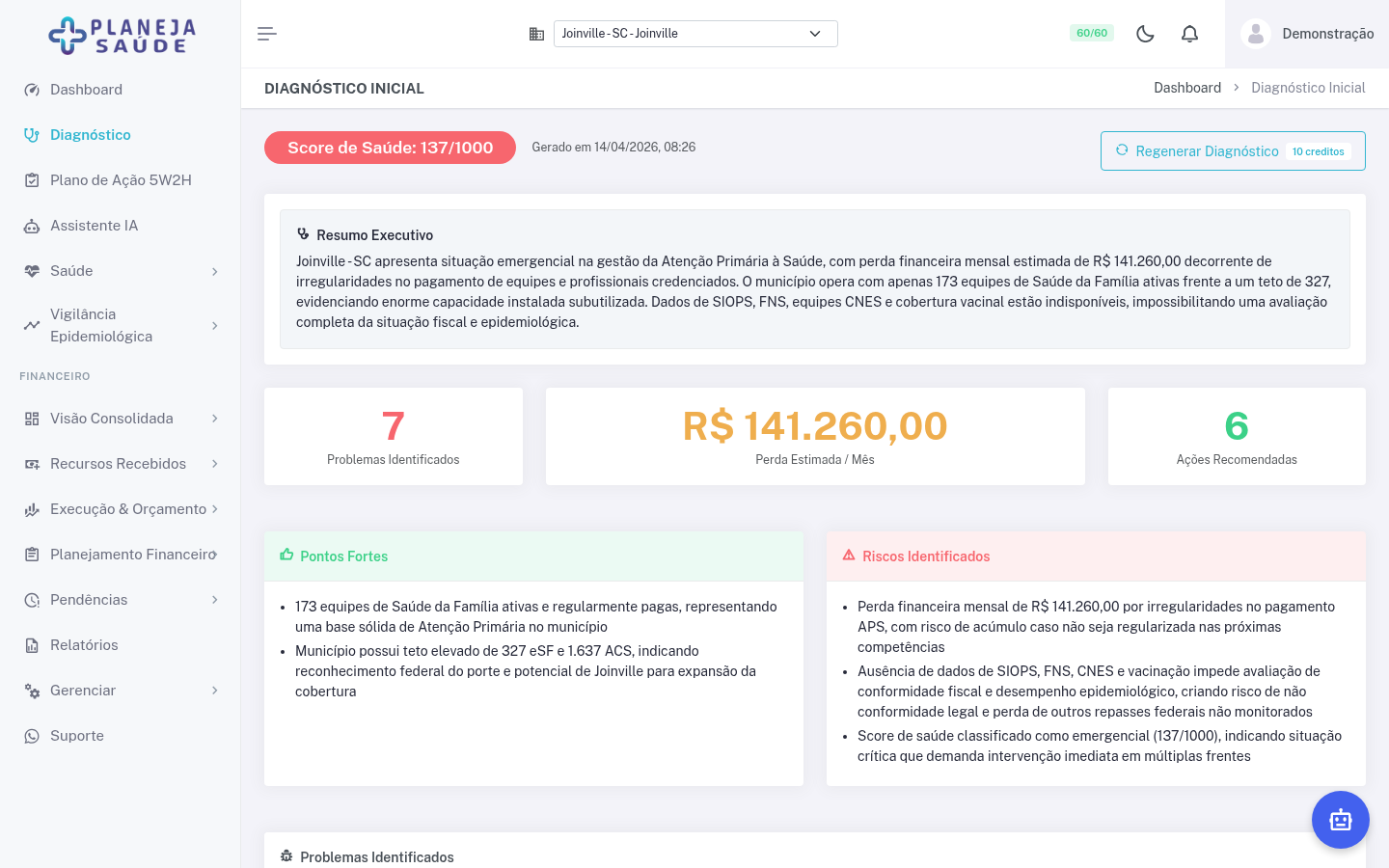 Tela do assistente IA com análise gerada por inteligência artificial sobre saúde financeira do município